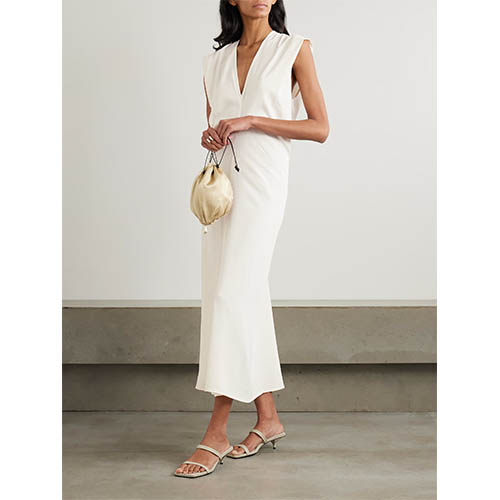 Пошита сукня міді без рукавів кольору слонової кістки з глибоким V